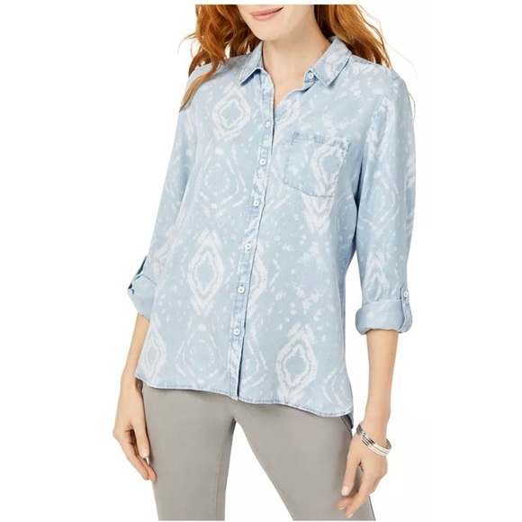 Foxcroft Tops - Foxcroft printed utility shirt chambray jean denim stampede cowgirl bohemian 2